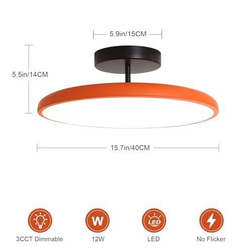 Ceiling Light Semi Flush Mount, Vintage Orange Ceiling Light Fixtures, Remote Control 3CCT Dimmable, 15.7 Inch Mid Century Modern LED CeilingLight for Hallway Livingroom Dining Room Bedroom