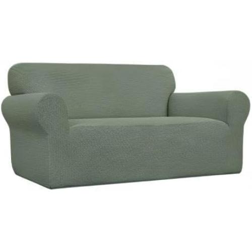 Easy-Going Stretch Loveseat Slipcover 1-Piece Sofa Cover Furniture Protector Couch Soft with Elastic Bottom for Kids Polyester Spandex Jacquard Fabric Small Checks (Loveseat, Greyish Green)