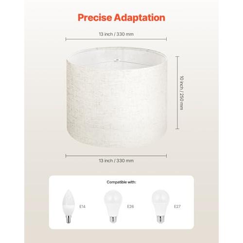 VEVOR Drum Lamp Shade, 13 in Top x 13 in Bottom x 10 in High, Medium Drum Linen Lampshade, Replacement Lamp Shade for Table Lamps Floor Lamps Pendant Lights, Easy Assembly Required (Light Linen)