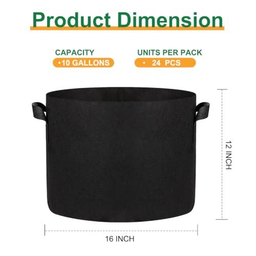 JERIA 24-Pack 10 Gallon Nonwoven Grow Bags, Plant Grow Bags，Heavy Duty Aeration Fabric Pots with Durable Handles