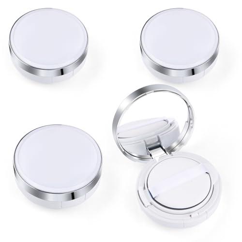 4 Pcs 15g/0.5oz Empty Air Cushion Puff Box Portable Make Up Powder Container Case with Sponge Puff & Mirror for Liquid Foundation BB Cream - White Silver