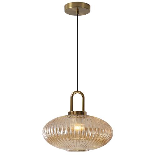 BOKT Kitchen Island Striped Glass Pendant Lights Mid-Century Adjustable Hanging Light Farmhouse Amber Glass Pendant Light 1-Light Modern Gold Globe Pendant Lamp Gold Ball Chandelier
