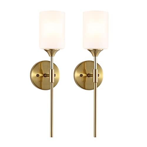 Gold Wall Sconce Set of 2 with White Cylinder Glass Shades Modern Mid Century Bathroom Vanity Wall Light Fixtures Industrial Brushed Brass Wall Lamp for Bedroom Mirror Living Room Restaurant