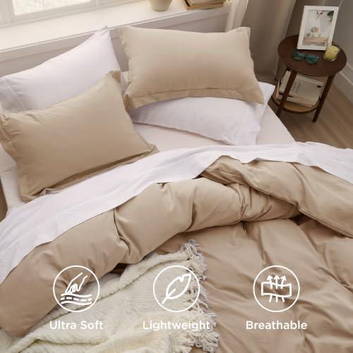 Bedsure Prewashed Duvet Cover Queen, Cotton-Like Bedding Set, Light Brown