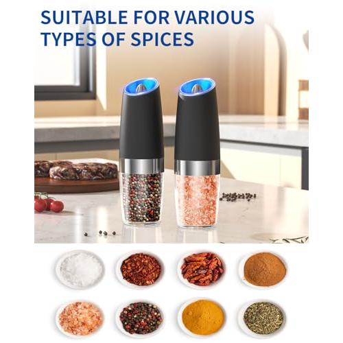 CIRCLE JOY Gravity Electric Salt and Pepper Grinder Set Automatic Salt and Pepper Grinder Set with LED Light, Battery Operated, Adjustable Coarseness, Large Capacity, for Home Kitchen BBQ, Black