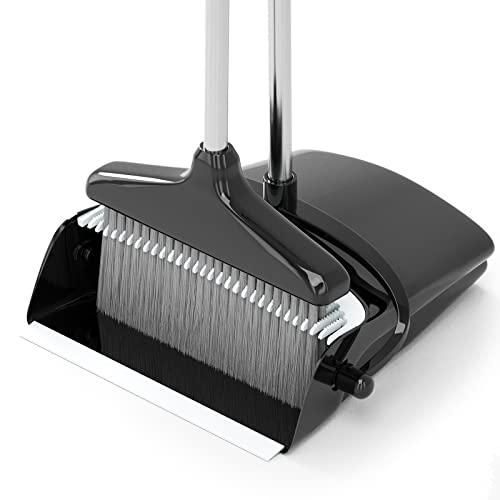 Broom with Dustpan Combo Set 54” Long Handle Household Dust Pan for Home Office Kitchen Cleaning （Black & Grey）