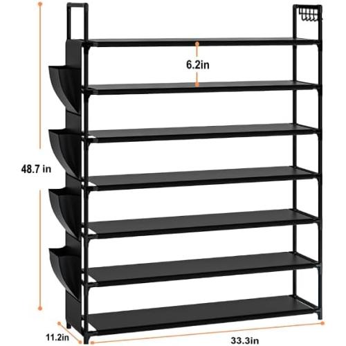 Large Capacity 7 Tier Shoe Rack, Black, 33.3in Wide x 11.2in Deep x 48.7in Tall, Holds 28-35 Pairs of Shoes, Ultra-Minimalist Style, Waterproof and Durable