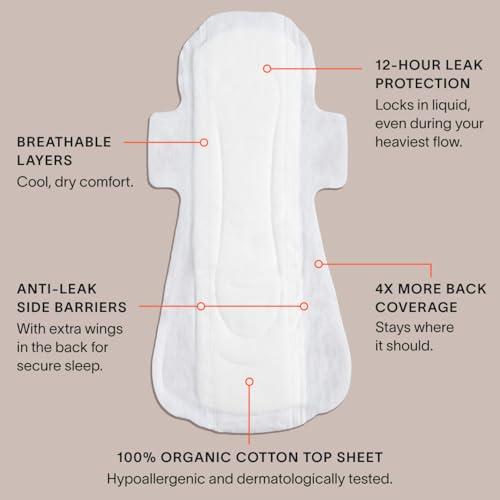 Cora 100% Organic Cotton Topsheet Extra Heavy Overnight Pads (48 Count) | Extra Heavy Absorbency Period Pads with Wings, Up to 12 Hours of Leak Protection, Made Without Harsh Chemicals, Feminine Care