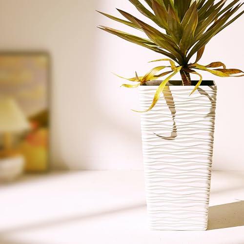 Worth Garden 22 Tall Planters Set of 2 - Plastic White Square Plant Pots - Modern Big Tapered Matte Wavy Tree Flower Pot for Indoor Outdoor Porch Deck