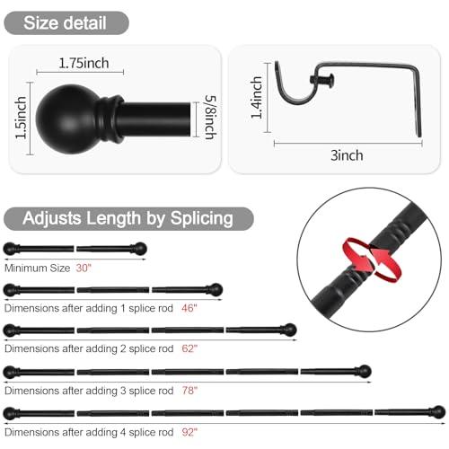 Thestoa 2 pack Black Curtain Rods for Windows 48 to 92 inch, Adjusts Length by Splicing, 5/8 Diameter Matte Black Small Curtain Rods for Bedroom, Living Room, Kitchen, Outdoor, Farmhouse