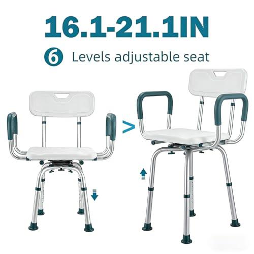 Swivel Shower Chair with Arms and Back, 350lbs Heavy Duty Shower Seat for Inside Shower Stall and Bathtub, Height Adjustable Safety Bath Seat for Elderly, Adults, Handicap and Disabled