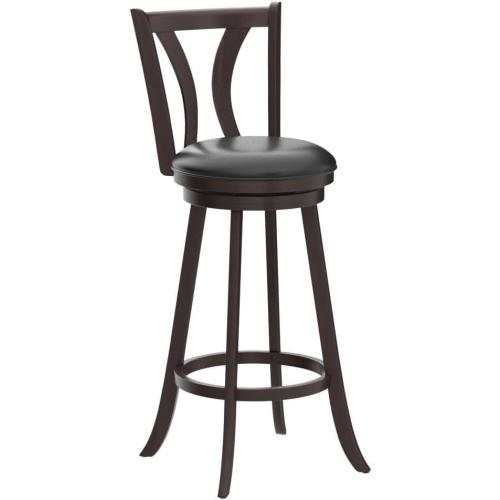 COSTWAY Bar Stools Set of 2, 360-Degree Swivel Stools with Leather Padded Seat, Single Slat Back & Solid Rubber Wood Legs, Counter Height Stools for Pub, Restaurant, Kitchen, Brown (2, 29inch)