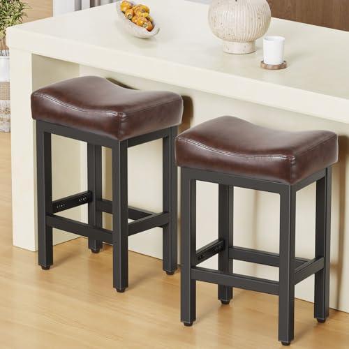 Counter Height Bar Stools Set of 2, 24 Inch Barstools for Kitchen Island Counter, Bonded Leather Kitchen Stools with Thick Saddle Seats & Heavy Duty Metal Base, Easy Assembly, Brown/Black