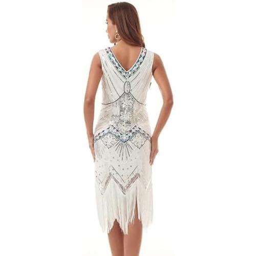 Size 6-8 white Dance and Sway 1920s Vintage Fringed Gatsby Sequin Beaded Tassels Hem Flapper Party Prom Cocktail Concert Dress