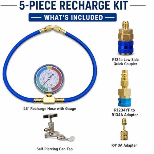 R1234YF Refrigerant Recharge Kit with Gauge – 1234YF Refrigerant & R134A AC Recharge Kits, with R-1234YF r134a Recharge Kit Self-Piercing Can Tap, Low-Side Quick Coupler, R410A Adapter for Auto AC