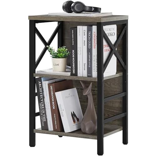 Black L15.7* W11.8 * H27.6  Small Bookcase,3 Tier Industrial Bookshelf with Metal Frame and Backboard,Low Grey Book Shelf,Book case for Small Spaces,Living Room,Bedroom and Home Office