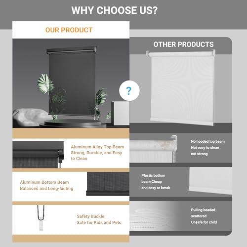 Light Filtering Roller Shades for Windows, Color-Matched Roller Blinds, UV Protection, Thermal Insulation Fabric Room Darkening Shades for Home, Office, Black, Custom Size 48W x 72H