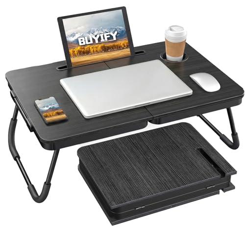 BUYIFY 23.4 Foldable Lap Desk Bed Table with Cup Holder Tray Black