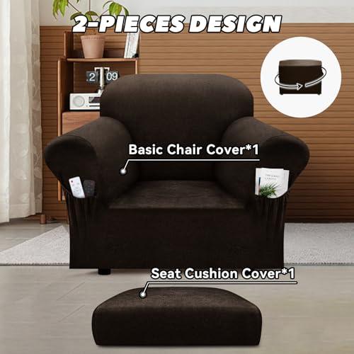 Chair Slipcover with Armrest Pockets 2-Piece Set, Stretch Faux Leather Chair Cover for Armchairs(Fits 31-45) - Non-Slip, Machine Washable, Pet & Kid Friendly - Dark Brown
