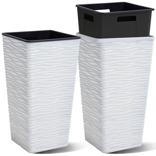 Worth Garden 2-Pack 22 H. White Square Tapered Planter with Inside Pots - Plastic Plant Pots for Indoor Outdoor - Modern Wavy Finish Decorative Flower Pots for Front Porch Containers Patio Deck