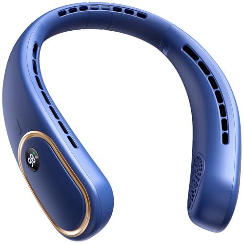 SHEWIND Portable Neck Fan - Hands Free Personal Fan, Rechargeable Bladeless Fan with 5000mAh-Battery, Digital Display, 4 Speeds, Birthday Gifts for Men, Women, Mom, and Dad - Blue