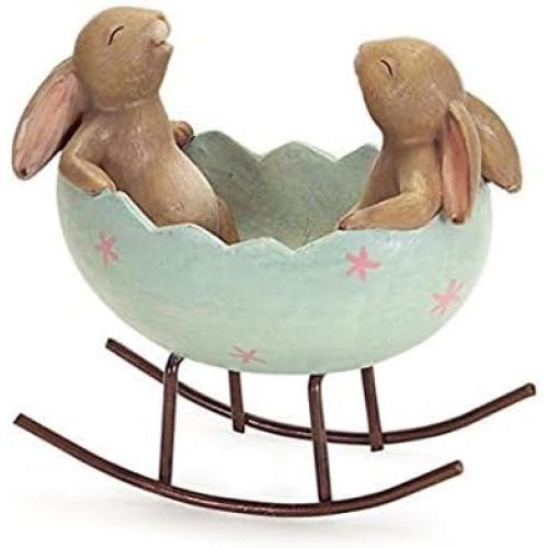 Laughing Bunny Rabbits Rocking in an Easter Egg Cradle Spring Easter Decoration Vintage Rustic Country Bunnies Rabbit Figurine Statue (Bunnies in a Cradle)