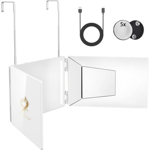 LED 3 Way Mirror to See Back of Head 360 Mirror for Women for Braiding Hair Telescoping Hooks Anti-Fog HD Glass Three Way for Self Hair Cutting Makeup Trifold