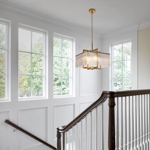 Size 16 Gold Chandeliers for Dining Room, 16 Square Modern Adjustable Pendant Lights for Kitchen Island,Crystal Light Fixture for Entryway Over Table