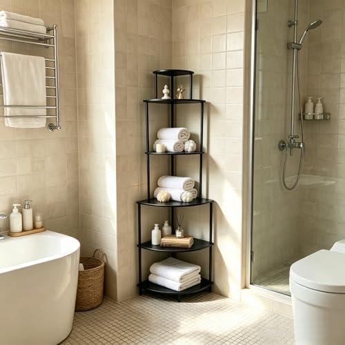 6 Tier Corner Shelf Stand, Corner Bookshelf, Wood Storage Shelving Unit for Small Space, Bathroom, Bedroom, Apartment, Easy to Assemble, Rustic Brown (Black)