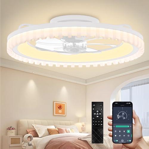 Ceiling Fans with Lights and Remote - 20'' Low Profile Ceiling Fan, 3000-6500K Dimmable Modern Flush Mount LED Fan Light, 6 Speeds, Quiet DC Motor, White Ceiling Fans for Bedroom, Living Room