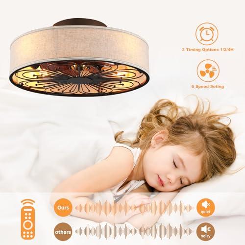Caged Ceiling Fans with Lights Flush Mount,Low Profile Ceiling Fan with Remote,20 Inch Farmhouse White Ceiling Fan for Bedroom,6 Speeds Reversible Silent Fandalier(Include 4 Bulb)