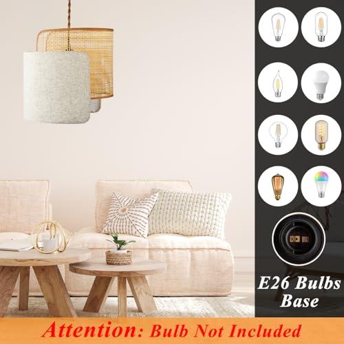 Boho Plug in Pendant Light, Stepless Dimmable Boho Chandelier with Bamboo Woven & Linen Fabric Shade, 11.2ft Plug-in Hanging Lamp Fixture for Hallway Kitchen Island Dining Room Bedroom(Not Bulb)