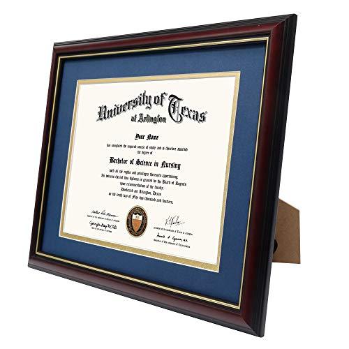 GraduationMall 8.5x11 Diploma Frame with Navy over Gold Mat or Display 11x14 Certificate without Mat,Solid Wood & UV Protection Acrylic,Cherry Finish with Gold Trim