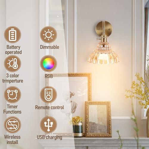 Vintage Battery Operated Wall Sconces Set Of Two, Indoor not Hardwired Brass Amber Glass Lampshade Fixtures,Rechargeable Wireless RGB Wall Lights with Dimmable Remote Control,for Bedroom Living Room