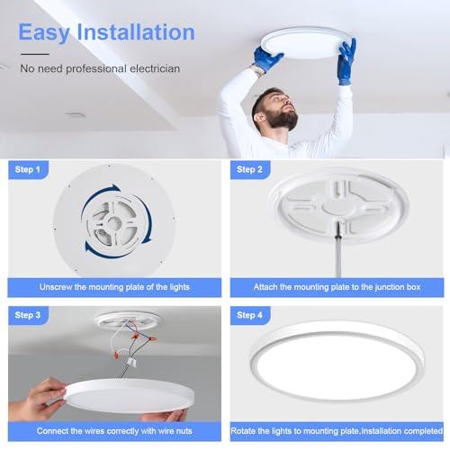 WHITE LED CEILING LIGHTS hunhun 2 Pack 16 Inch Dimmable LED Flush Mount Ceiling Light 4800LM Round Light Fixture 5 Color Temperature Selectable Super Slim Large Flat Ceiling Lamp for Living Dining Room White