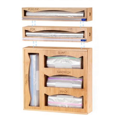 6-in-1 Bamboo Kitchen Drawer Organizer for Storage Bag, Foil & Plastic Wrap
