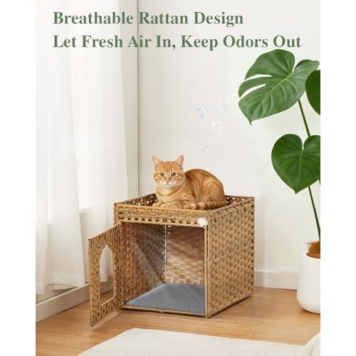 SETVSON Cat Litter Box Enclosure Furniture, Hidden PE Rattan, Natural | PE Rattan Kitty House with Top Fence, Fits Standard Litter Box, Included Litter Mat, 2 S-Hooks, Sturdy Metal Frame