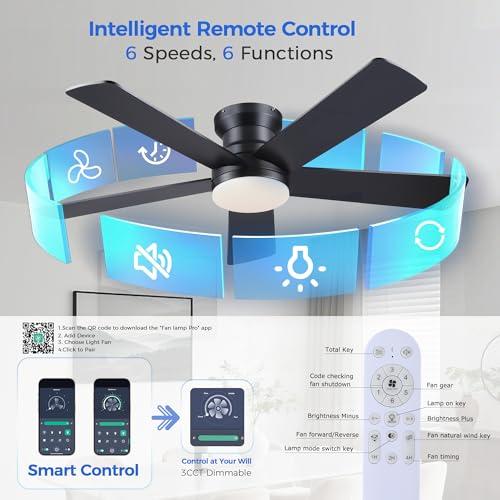 Ayaoty Ceiling Fans with Lights - 48 Black Flush Mount Ceiling Fan Light with 6 Speeds 3CCT Dimmable, Revesible Motor, Low Profile Fan Light for Modern Indoor Bedroom, Kitchen