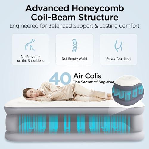 Queen Air Mattress with Built-in Pump 18in, Fabric-Laminated | Anti-Leak Honeycomb Design, 3-Layer Fabric-Laminated Side Walls, 800 LBS Capacity, 3-Min Inflation for Home Guests Camping