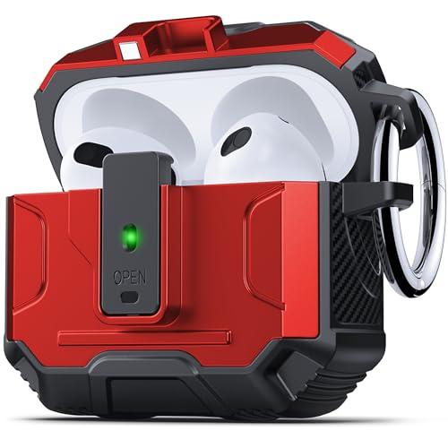 DASFOND Armor Cover AirPods 3 Generation Case, Military Grade Full Body Shockproof Protection Hard Case, Support Wireless Charging with Keychain, Magnetic Lid, Front LED Visible, Red