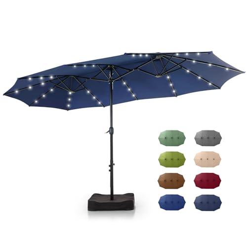 GREEN PARTY 15 ft Rectangle Patio Umbrella with Solar Lights and Base Included, Double-Sided Market Table Umbrella with Crank, Large Outdoor Umbrellas for Patio Poolside Garden Backyard, Navy Blue