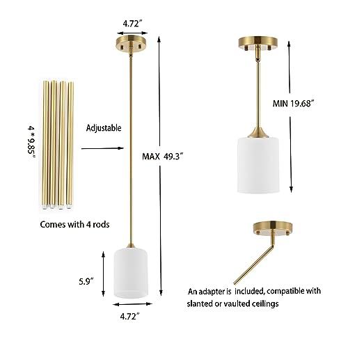 Modern Gold Pendant Light 3 Pack Brushed Brass Mid Century Chandelier White Cylinder Glass Shades Adjustable Rods Farmhouse Ceiling Hanging Lighting Fixture Kitchen Island Dining Room Bedroom
