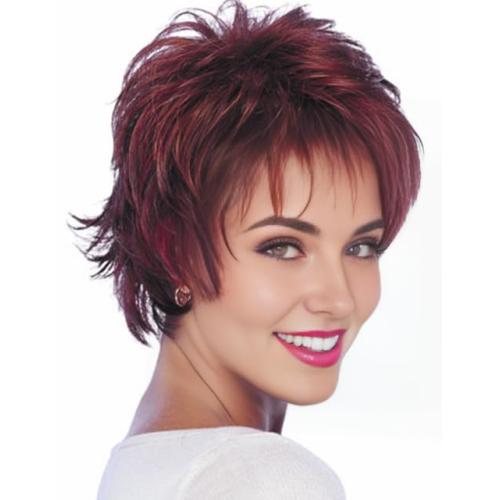 RENERSHOW Short Red Pixie Cut Wavy Wigs for White Women with Bangs Burgundy Highlight Synthetic Wig 6 Inch
