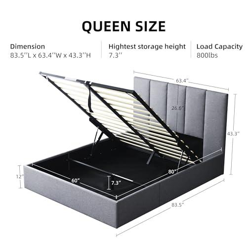Lift Up Storage Bed Queen Size, Linen Upholstered Platform Bed Frames with Storage Underneath, Soft Modern Bed Frame Strong Hydraulic Lift, No Box Spring Needed, Grey