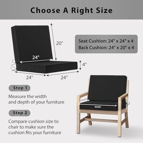 Waterproof Outdoor Chair Cushions 24x24, Memory Foam Outdoor Cushions for Patio Furniture with Removable Cover, Deep Seat Cushions for Outdoor Furniture with Ties and Handle, Black