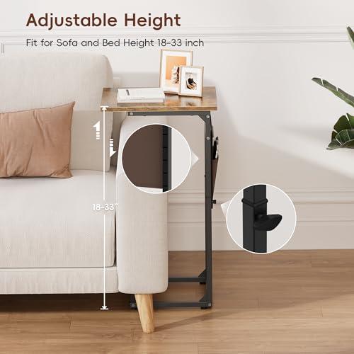 Vagusicc C Shaped End Table, 33Tall Side Table for Couch, Adjustable Height Sofa Table Small Couch Side Tables, Slide Under Recliner TV Tray Arm Tables with Metal Frame for Living Room,Bedroom,Brown