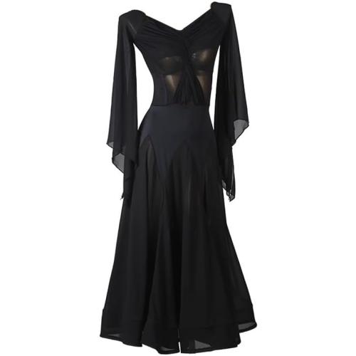 Women's Medium Waltz Performance Dancing Outfit Mesh Standard Ballroom Dresses V Neck Tango Flamenco Competition Clothing