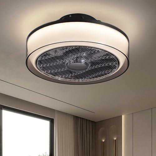 Size Medium Color White And Grey Low Profile Bladeless Ceiling Fan with Light, Amber Shade Flush Mount Ceiling Fan for Bedroom, Living Room, Office, Kitchen, APP & Remote, 6-Speed Quiet DC Motor (30dB)