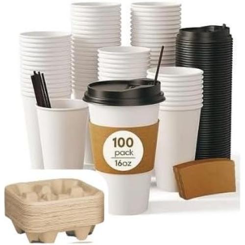 Varte Premium Coffee Cup (16 oz - 100 pack) with Sealable Lid, Sleeve, Stirrer and an additional 10 Trays per pack