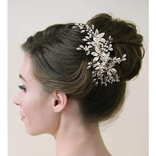 SWEETV Handmade Wedding Hair Comb,Pearl Flower Bridal Hair Clip Hair Accessories for Women Wedding